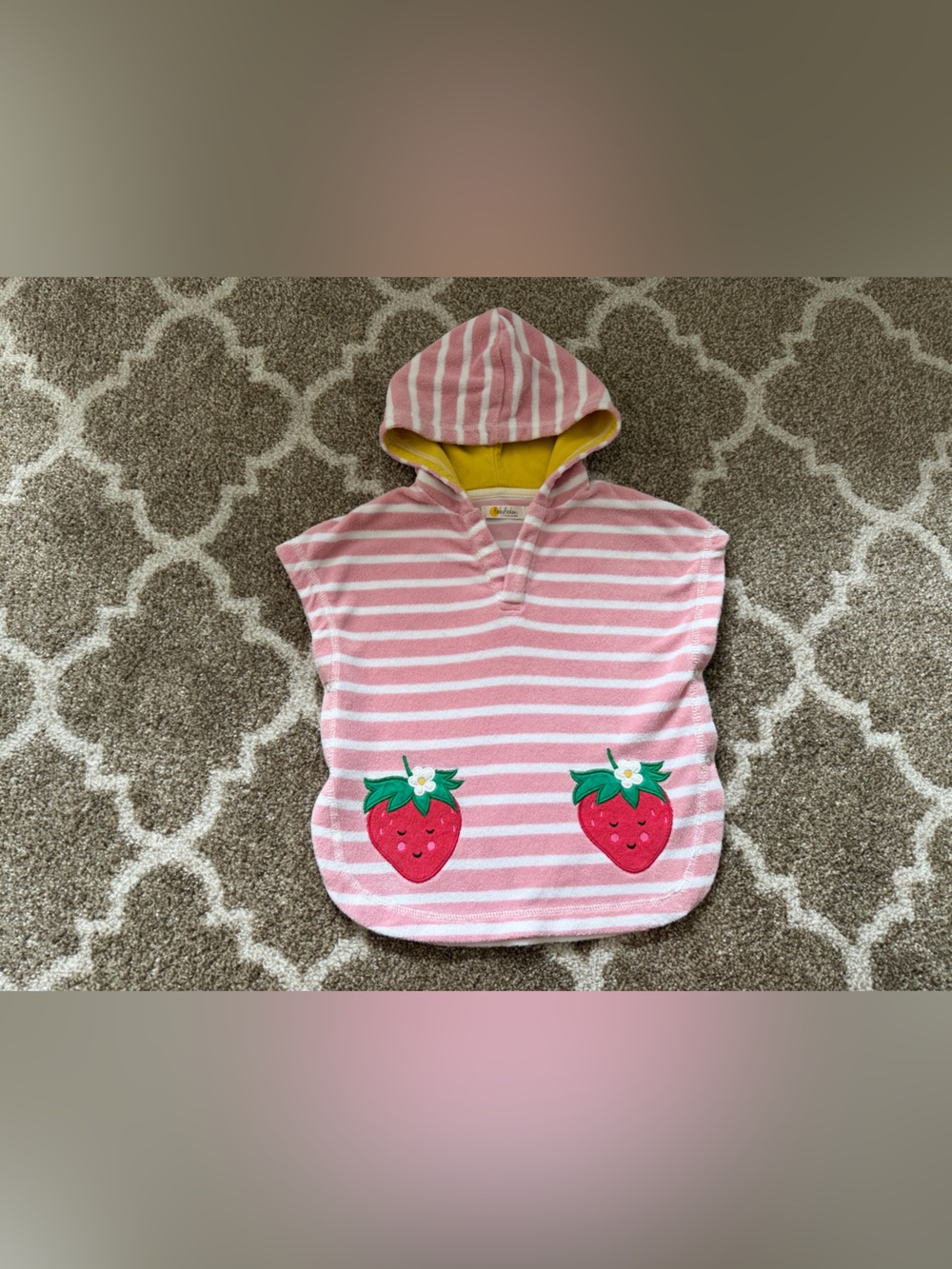 Baby Boden Pink & White Striped Hooded Poncho w/ Strawberry Appliqués - sz 9-12M